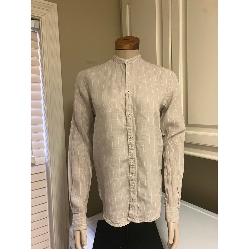 Clayton Linen Company Linen Top, Collarless, Medium, Beige, Button Up, Long Slee